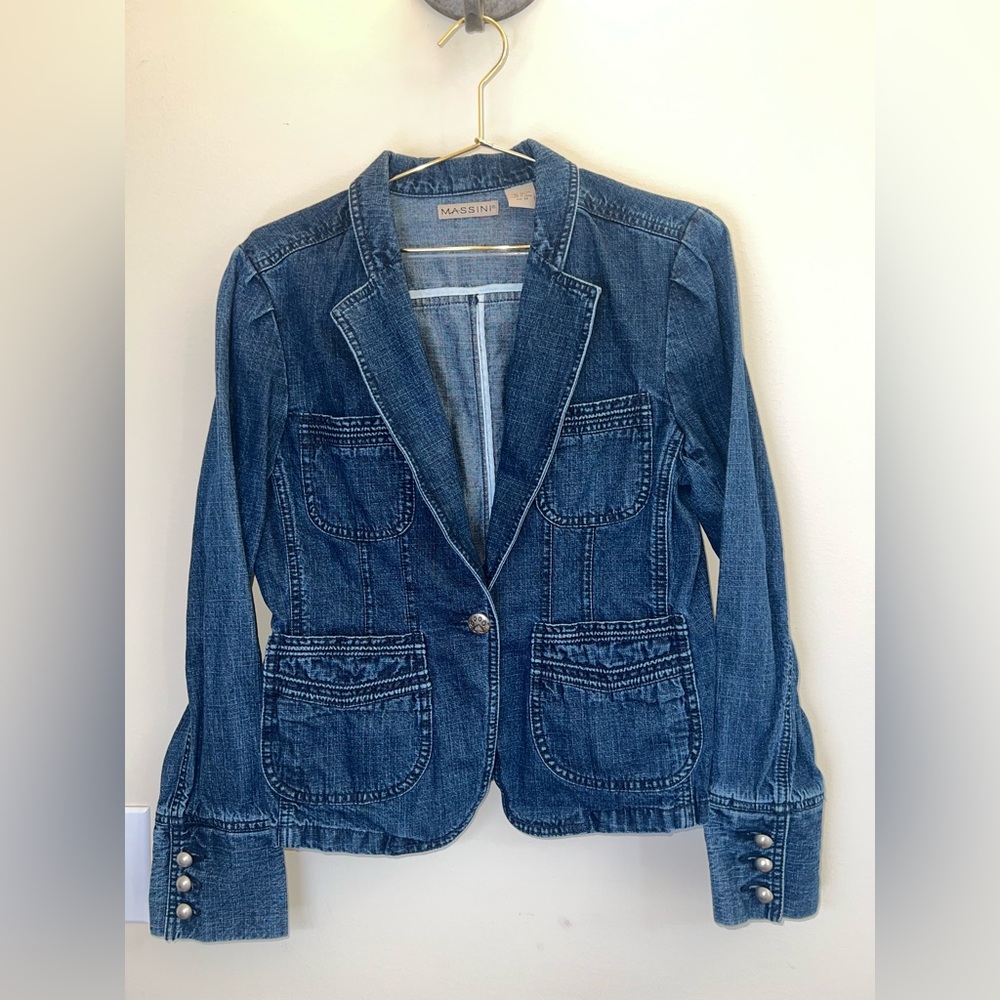 Y2K Massini Denim Blazer Jacket‎ Fitted Jean Jacket Size M